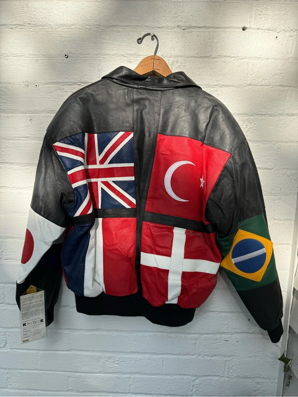 NWT PHASE 2 Vintage 90s Leather Bomber Jacket International Flag Hip Hop Medium